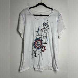 Palm Grove Nautical Tee Size 3X Rhinestones & Studs Short Mesh Sleeves Cotton